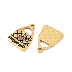 304ステンレススチール、エナメルペンダント  イオンプレーティング（ip）  「ショッピング」の文字とハートのチャームが付いたバッグ  ゴールドカラー  カメリア  15.5x12x1.5mm  穴：1.6mm&nbsp;SA-CBAA937-10D-G