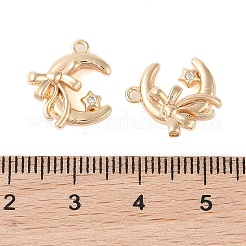 クリアガラス付き真鍮ペンダント  月と蝶結び  18KGP本金メッキ  15x13x4.5mm  穴：1.2mm&nbsp;KK-N254-54G