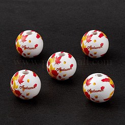 秋プリント天然木ヨーロピアンビーズ  大穴ビーズ  カエデの葉の模様とラウンド  レッド  19.5mm  穴：4.5mm&nbsp;WOOD-C015-04