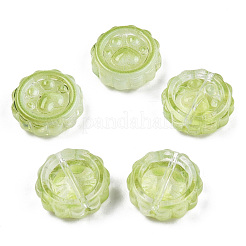 透明なスプレー塗装ガラスビーズ  足跡のある花  黄緑  15x15x5.5mm  穴：1.2mm&nbsp;GLAA-N035-037-C03