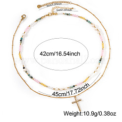 Colorful Natural Mixed Stone and Imitaiton Pearl Beaded Double Layered Necklaces with Stainless Steel Religion Cross Pendant&nbsp;MK2269