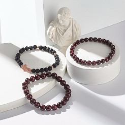 Natural Garnet & Lava Rock Round Beads Stretch Bracelets Set&nbsp;BJEW-JB06982-01