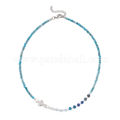Natural Apatite Faceted Round and Dyed Malaysia Jade & Pearl Beaded Necklaces with Brass Micro Pave Clear Cubic Zirconia Cross&nbsp;NJEW-JN05975-02