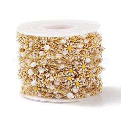 ブラス エナメル フラワー & フラット ラウンド リンク チェーン  ccbプラスチックパールビーズ付き  ハンダ付け  スプール付き  カドミウムフリー＆鉛フリー  18KGP本金メッキ  13x7x2.5mm  12.5x3mm  9x5x3.5mm&nbsp;CHC-P009-32G