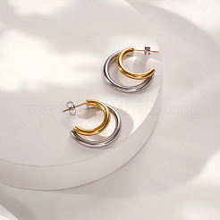 女性用304ステンレススチールスタッドピアス  ハーフフープピアス  本金メッキ&ステンレススチールカラー  24x21mm&nbsp;DQ1821