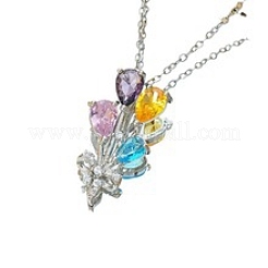 真鍮のカラフルなキュービックジルコニアの花のペンダントネックレス  女性用304ステンレススチールチェーンネックレス  プラチナ  17.72インチ（45cm）&nbsp;FS-WG69036-02
