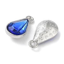 ガラスチャーム  白金トーン合金パーツ  多面カット  ティアドロップ  ダークブルー  18x10x5.5mm  穴：1.8mm&nbsp;PALLOY-TD002-01