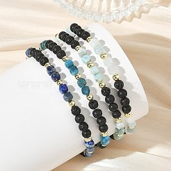 4Pcs 4 Styles Natural Mixed Stone Faceted Cube and Round Natural Lava Rock Beaded Stretch Bracelets for Women&nbsp;BJEW-JB14250-01