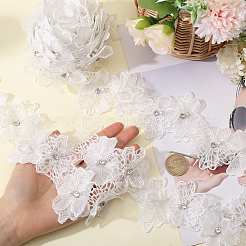二重層ポリエステル 3D フラワー レース トリム リボン ラインストーン付き  衣類用アクセサリー  カーテン飾り  ホワイト  3-1/8インチ（80mm）  約4.00ヤード（3.66m）/ pc&nbsp;OCOR-WH0097-73A