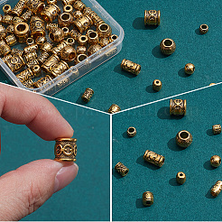 100 個 10 スタイルのチベットスタイル亜鉛合金ビーズ  コラム  アンティーク黄金  4.5~10x4.5~10mm  穴：1.5~5mm  10個/スタイル&nbsp;FIND-SP0005-94