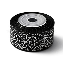 5ヤードのハロウィンプリントポリエステルグログランリボン。  スパイダーウェブ模様  衣装装飾用  ブラック  1インチ（25~26mm）&nbsp;OCOR-WH0047-95A-02