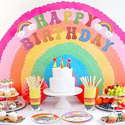 虹をテーマにした誕生日パーティーの装飾セット  ペーパータオル、紙コップ、テーブルクロス、バナー付き  カラフル  30x20x8cm&nbsp;ST-CJ0030-01