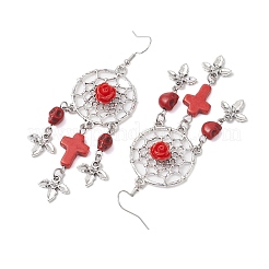クロスとスカルの編み込みウェブ/ネット、合成ターコイズのダングルイヤリング  女性用ハロウィン合金＆真鍮イヤリング  レッド  88x29mm&nbsp;EJEW-JE05865-01