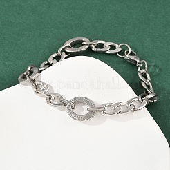 201ステンレススチールテクスチャオーバルリンクチェーンブレスレット（女性用）  304ステンレススチール留め具付き  変色しない  ステンレス鋼色  7-7/8インチ（20cm）&nbsp;BJEW-B143-04P