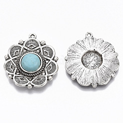 合金のチベット風チャーム  合成ターコイズ付き  カドミウムフリー＆鉛フリー  花  アンティークシルバー  35x31x8mm  穴：1.6mm&nbsp;X-PALLOY-R113-002-RS