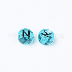 透明なアクリルビーズ  水平穴  ランダムな文字でフラットラウンド  空色  7x3.5mm  穴：1.8mm&nbsp;X-TACR-S150-03A-02