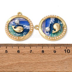 プリント合金ペンダント  フラットラウンド＆クジラチャーム  ABSの模造パールと  ラックめっき  カラフル  27.5x24.5x4mm  穴：1.8mm&nbsp;ENAM-B028-26KCG