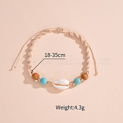 Adjustable Natural Cowrie Shell & Round Wood & Synthetic Turquoise Beaded Cotton Cord Braided Anklets for Women&nbsp;FS-WG3A61A-01