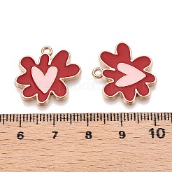 メッキ合金エナメルチャームラック  ゴールドカラー  ハートチャーム付きの花  ファイヤーブリック  18.5x20.5x1.5mm  穴：1.6mm&nbsp;ENAM-N056-344C