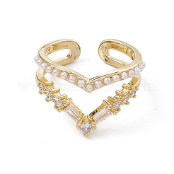 Clear Cubic Zirconia Crown Open Cuff Ring with Plastic Pearl Beaded&nbsp;RJEW-G276-13G
