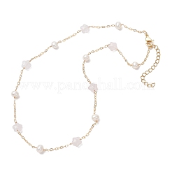 Natural Rose Quartz Star & Natural Freshwater Pearl & Brass Link Chain Necklaces&nbsp;NJEW-JN05687-01