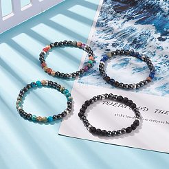 女性のための天然宝石と合成ヘマタイト ラウンド ビーズ ストレッチ ブレスレット  内径：2インチ（5.2cm）&nbsp;BJEW-JB08305