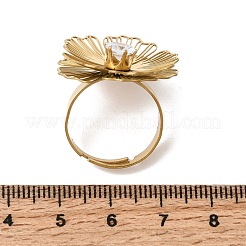201ステンレススチール製パヴェシングルキュービックジルコニア付き調節可能なカフリング（女性用）  花  ゴールドカラー  24x24mm  内径：18mm&nbsp;RJEW-K318-02C-G
