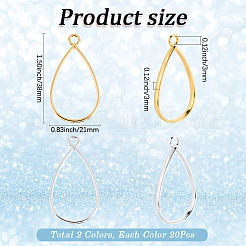 40本2色合金ペンダント  ゴールデン/シルバー  ティアドロップ  38x21x3mm  穴：3mm  20個/カラー&nbsp;FIND-SP0004-97A