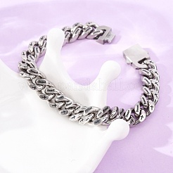 304 Stainless Steel Engraved Beast & Christian Upside Down Cross Cuban Link Chain Bracelets for Women Men&nbsp;BJEW-F529-17P