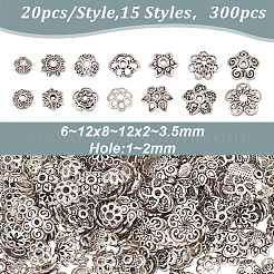 300個15スタイルチベットスタイルアロイビーズキャップ  花  アンティークシルバー  6~11x3~3.5mm  穴：1~2mm  20個/スタイル&nbsp;FIND-GO0002-02