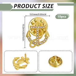 アンカー＆クロス合金ラインストーンラペルピンバック10個、バックパック用衣類用  ゴールドカラー  15.5x13.5mm&nbsp;JEWB-PH0001-65G