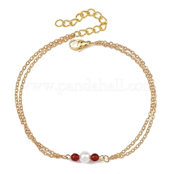 White Round Shell Pearl & Natural Carnelian Beads Anklets&nbsp;AJEW-AN00835-02
