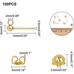304ステンレススチールボールスタッドピアス金具  ループとイヤーナット付き  ラウンド  ゴールドカラー  74x72x17mm&nbsp;STAS-UN0003-32G
