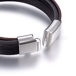 レザーコード多連ブレスレット  304ステンレススチール製マグネット留め具付き  長方形  ステンレス鋼色  8-5/8インチ（22cm）  4~24x3mm&nbsp;BJEW-G603-39P