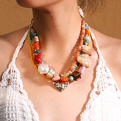 Bohemian Handmade Resin & Aluminium Chain & Wood Beaded Multi Layered Heart Pendant Necklaces for Women&nbsp;FS-WGACD88-01
