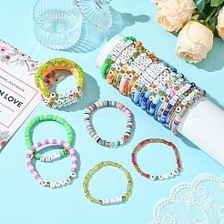 30個 30スタイル ポリマー粘土&ガラスビーズストレッチブレスレットセット  女性用友情文字スタッカブルブレスレット  ミックスカラー  6-7/8~7-1/8インチ（17.5~18cm）  内径：2インチ（5.2cm）  1個/スタイル&nbsp;BJEW-SW001584