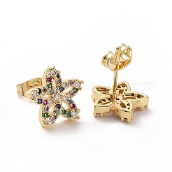 カラフルなキュービックジルコニアスタースタッドピアス  女性のための真鍮のアクセサリー  ゴールドカラー  12x12.5mm  ピン：0.7mm&nbsp;EJEW-I280-01G