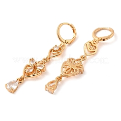 ラックメッキゴールデンブラスダングルフレンチフックピアス  キュービックジルコニア付き  花  透明  53x10.5mm&nbsp;EJEW-B037-26G