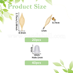 304ステンレススチールスタッドピアス金具20個  ピアスキャッチとカン付き  葉  プラスチック製イヤーナット40個付き  ゴールドカラー  27.5x8.5mm  穴：1mm  ピン：0.7mm&nbsp;STAS-DC0017-05