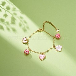 Word Love ハート バタフライ 合金 エナメル チャーム ブレスレット 樹脂ビーズ付き  女性のためのバレンタインテーマジュエリー.  ピンク  6-3/4インチ（17.2cm）&nbsp;BJEW-JB08677