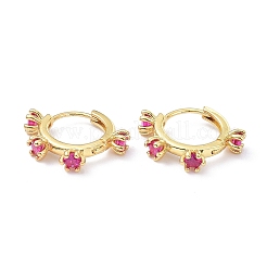 真鍮象眼細工キュービックジルコニアフープピアス  18KGP本金メッキ  カドミウムフリー＆鉛フリー  花  濃いピンク  16x18.5x4mm  ピン：0.8mm&nbsp;X-ZIRC-P090-17G-B