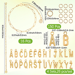 DIYレターチャームブレスレットの作り方キット  真鍮のペーパークリップチェーンブレスレットを含む  合金ペンダント  304ステンレススチールオープン丸カン  18KGP本金メッキ  13.5~17x4~11x2~2.5mm  穴：1.8~2mm  26個/セット  4セット&nbsp;DIY-BM0001-26