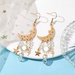 月と星と太陽と稲妻の合金シャンデリアピアス  ガラスのロングドロップイヤリング  ライトゴールド  75x20mm&nbsp;EJEW-JE05718