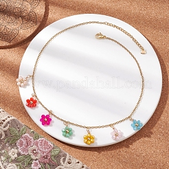 女性用ボヘミアンスタイルのステンレススチールガラスペンダントネックレス  花  カラフル  14.76インチ（37.5cm）&nbsp;NJEW-JN04654