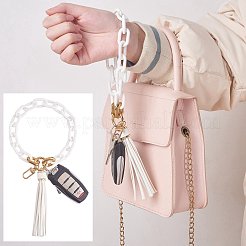 チェーンリンクリストレットキーチェーン  アクリル ブレスレット タッセル キーホルダー  合金パーツ  ホワイト  29cm&nbsp;HJEW-SW00013-06