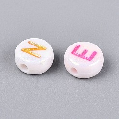不透明なアクリルエナメルビーズ  アルファベット付きフラットラウンド  ABカラーメッキ  ミックスカラー  6.5~7x3.5~4mm  穴：1.5~1.6mm  約3846個/500g&nbsp;SACR-Q001-07