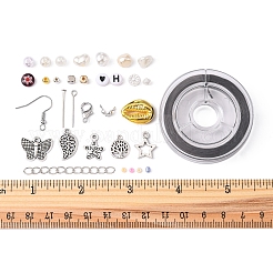 Diyイミテーションパールイヤリングブレスレットネックレスメイキングキット  ラウンド & キューブ & 花 & シェル形プラスチック & アクリル ビーズを含む  葉と星と蝶の合金ペンダント  アイアン製ピアスフック  ミックスカラー&nbsp;DIY-FS0003-15