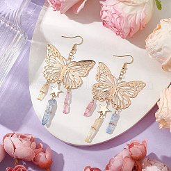 天然水晶ナゲットダングルイヤリング  真鍮のピアスフックが付いた鉄製の蝶のフィリグリーペンダント  ゴールドカラー  93~95x50mm&nbsp;EJEW-TA00569