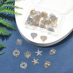 40個 10スタイル ラックメッキ 真鍮 中空コネクタチャーム  長持ちメッキ  エッチングされた金属装飾  混合図形  プラチナ＆ライトゴールド  14.5~17x11.5~14.5x0.3mm  穴：1~1.2mm  4個/スタイル&nbsp;KKC-FS0001-03