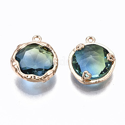 ガラスチャーム  真鍮パーツ  フラットラウンド  ライトゴールド  スチールブルー  14x12x4.5mm  穴：1mm&nbsp;X-GLAA-S193-032A